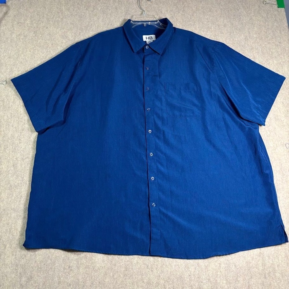 HB Button Down Shirt Mens 3XL Blue Polyester Short Sleeve Grid Textured Casual